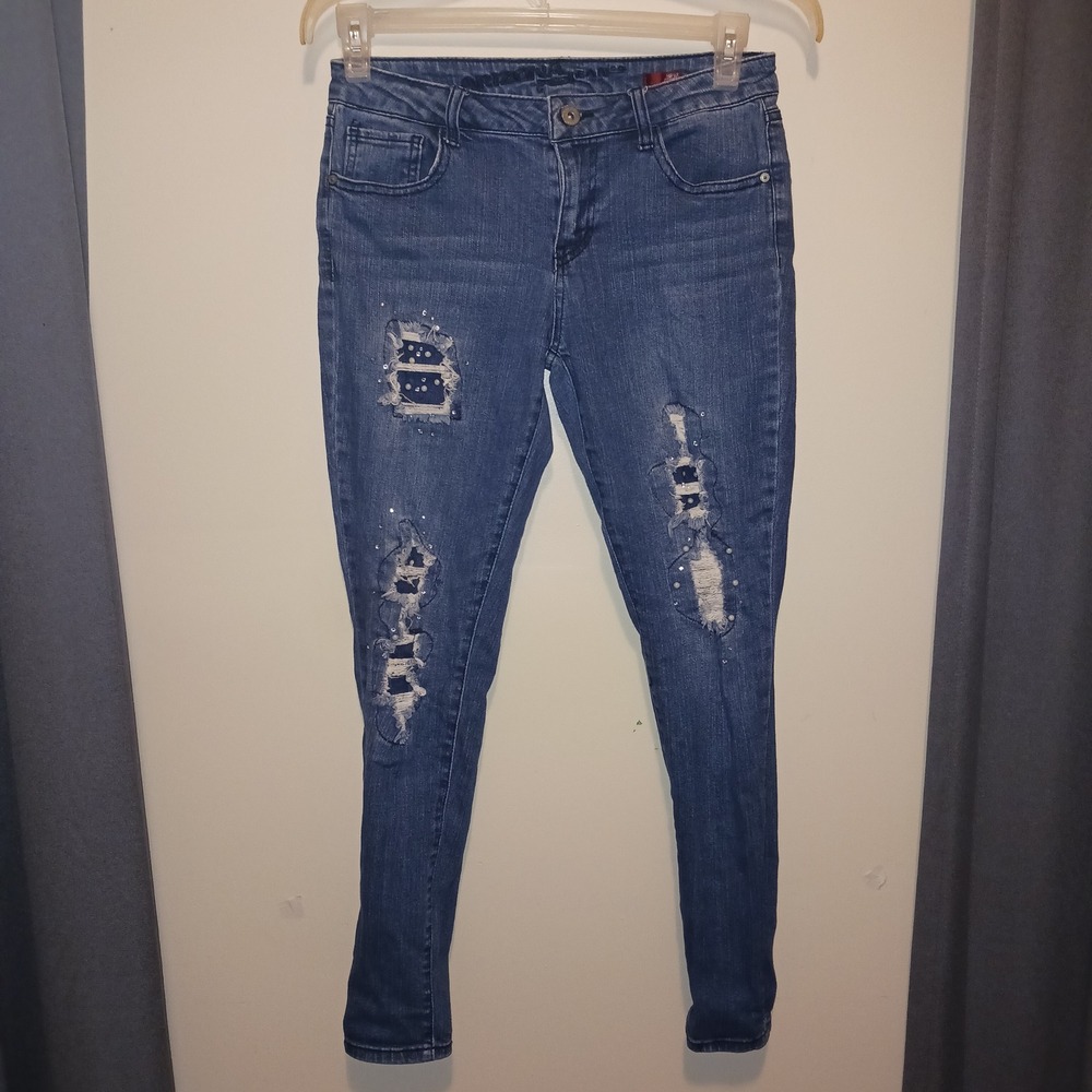 Y2K Boho Chic Arizona Jean Co Bling Super Skinny Jeans Distressed Pearl Gem 7